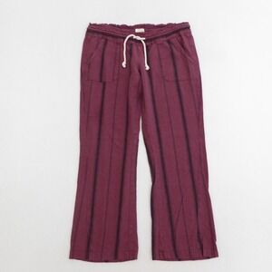 Roxy Womens Oceanside Linen Blend Striped Pants Burgundy Blue Drawstring Large